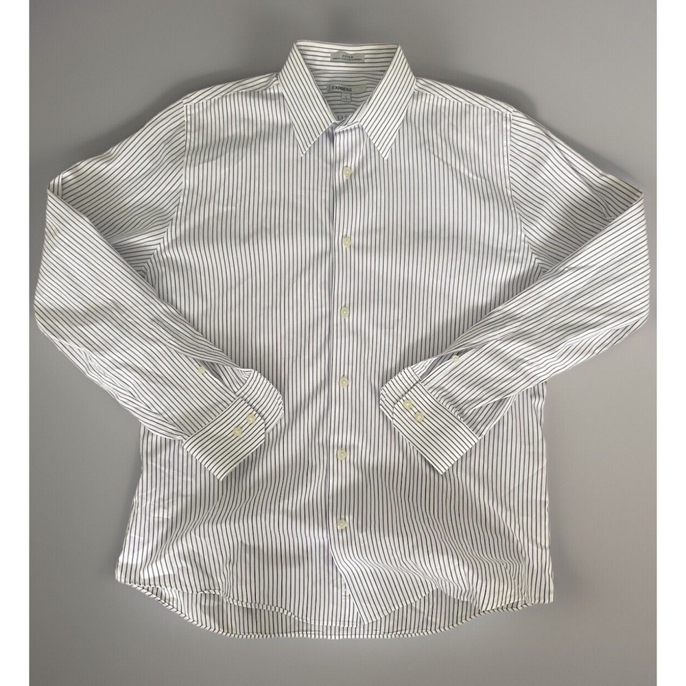 Express IMX Long Sleeve Button Up Shirt White Purple Striped Stretch Large JBHS